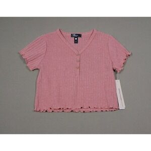 Aqua Girls' Rib Knit Lettuce Edge Tee- Pink - Size Medium (9-10)